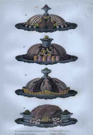 Plate 11: 46. Estomacs de dinde, a l’ambassadrice.  47. Chapons poeles au riz.  48. Poulardes a l’ecossaise.  49. Dinde a limperiale.