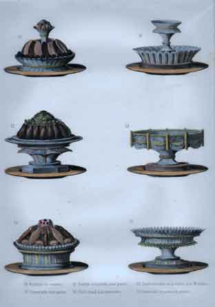 Plate 12.  50. Boudins de sandre.  51 Double croustade, non garnie.  52. Jambonneaux de poulets a la Monglas.  53.  Croustade non garnie.  54. Pate-chaud a la mariniere.  55. Croustade en pain, non garnie.