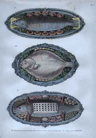 Plate 7: 33. Saumon au courtbouillon.  34. Turbot bouilli, sauce hollandaise. 35. Carpe a la chambord.
