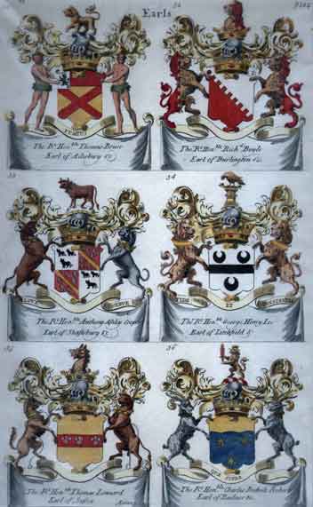 Plate 104: Earls:31. Thomas Bruce, Earl of Ailesbury  32. Richard Boyle, Earl of Burlington  33. Anthony Ashley Cooper, Earl of Shaftsbury  34. George Henry Lee, Earl of Litchfield  35. Thomas Lennard, Earl of Sussex  36. Charles Bodvile Roberts, Ea