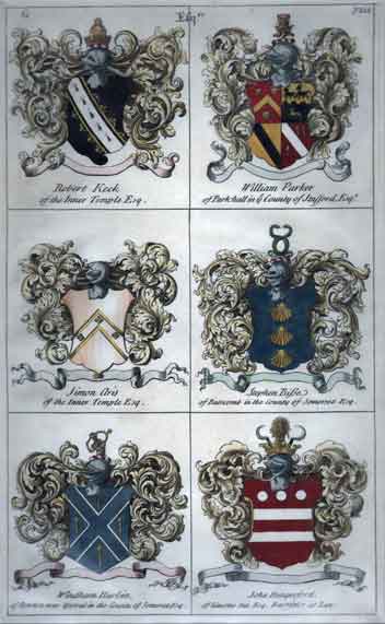 Plate 266: Esquires: 61. Robert Keck of the Inner Temple, Esq.  62. William Parket of Parkhall in the County of Stafford, Esq.; Simon Aris of the Inner Temple, Esq.; Stephen Bisse of Batscomb in the County of Somerset, Esq.; Windham Harbin of Newton