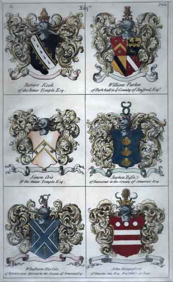 Plate 266: Esquires: 61. Robert Keck of the Inner Temple, Esq.  62. William Parket of Parkhall in the County of Stafford, Esq.; Simon Aris of the Inner Temple, Esq.; Stephen Bisse of Batscomb in the County of Somerset, Esq.; Windham Harbin of Newton