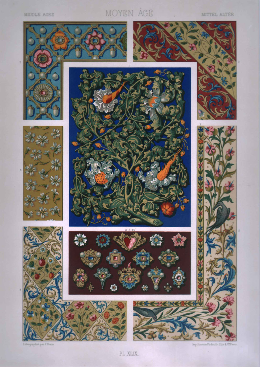 Moyen Age, Pl. XLIX: XV Siecle.  Enluminures de Manuscrits.  Fleurs et Bijoux.